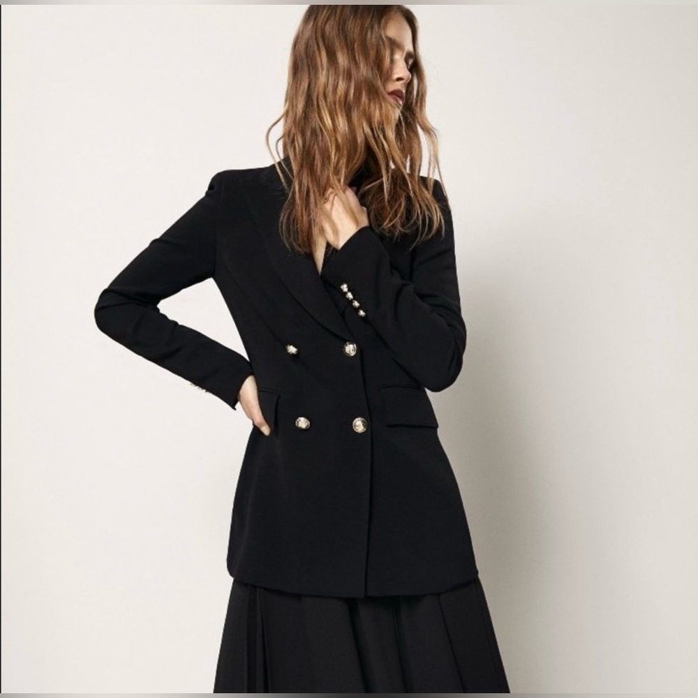 Massimo Dutti Womens Blazer Size 4 Black Double Breasted Career Office Jacket